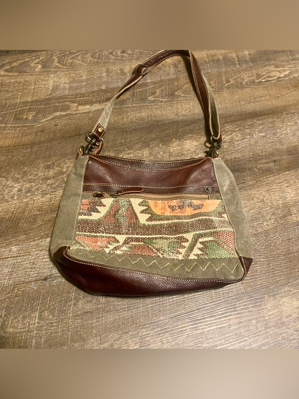Myra Bag Upcycled Canvas Shoulder Bag Rustic Tribal Tapestry